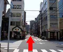 On the way, you will see "Tamahide restaurant". Cross the pedestrian crossing and keep going straight.