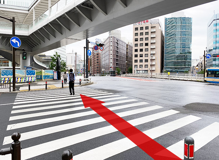 Follow the road and you will see a pedestrian crossing on your left. Cross that pedestrian crossing and keep going until you cross Benten Bridge. 