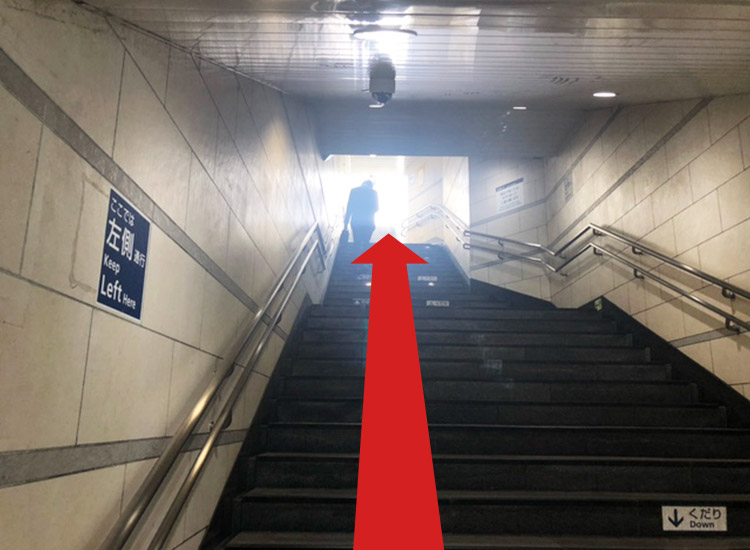 Go up through the stairs on your left and go out to the ground level.