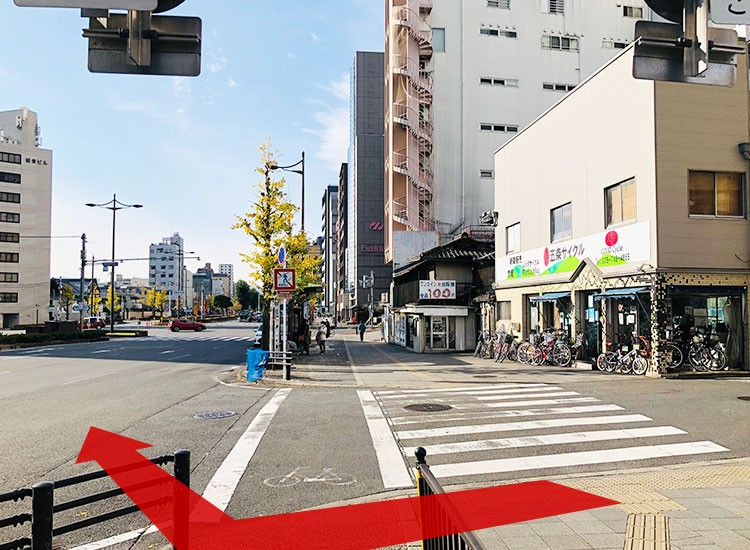 Cross the pedestrian crossing and keep going straight.