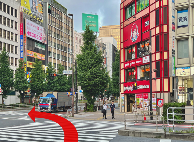 一つ目の大きな交差点（西新宿1丁目交差点）をまっすぐ渡り、さらに左に横断します。